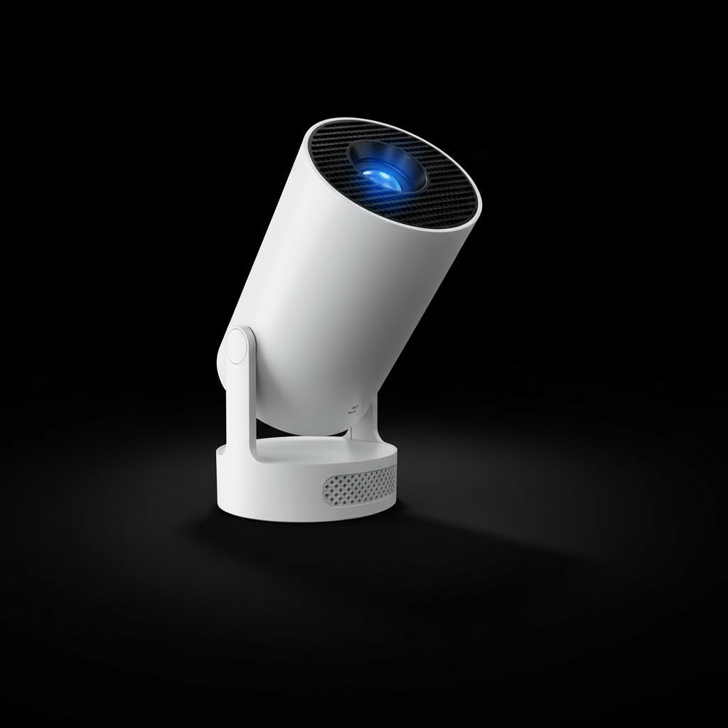 White cylindrical device with a blue light on a black background