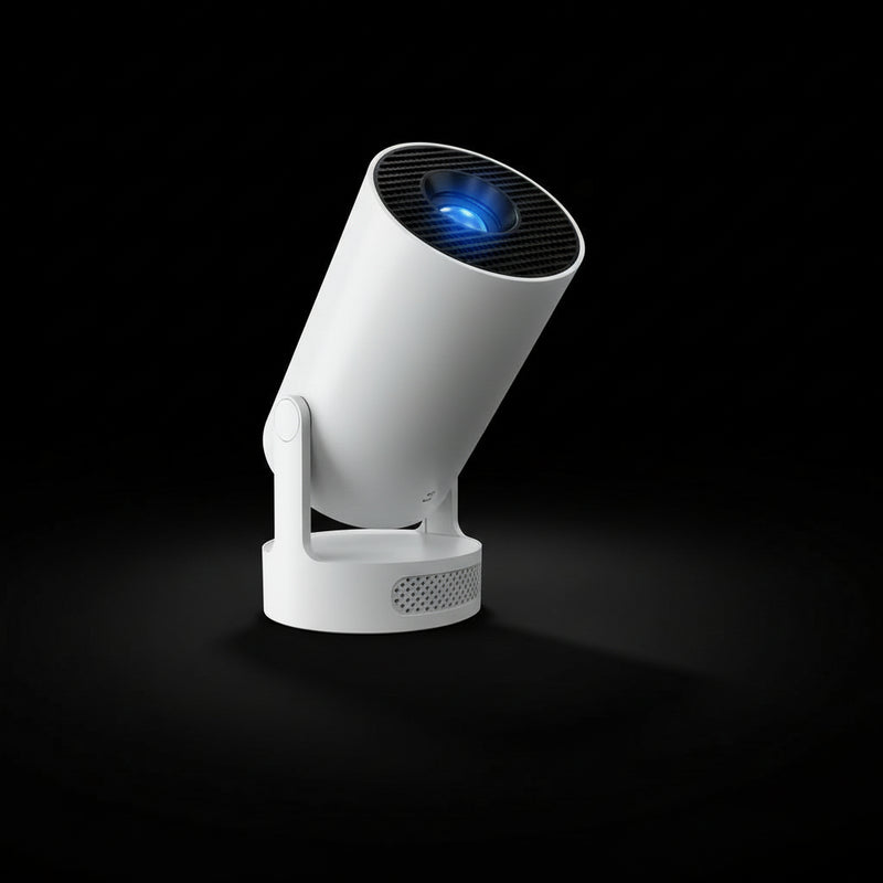 White cylindrical device with a blue light on a black background
